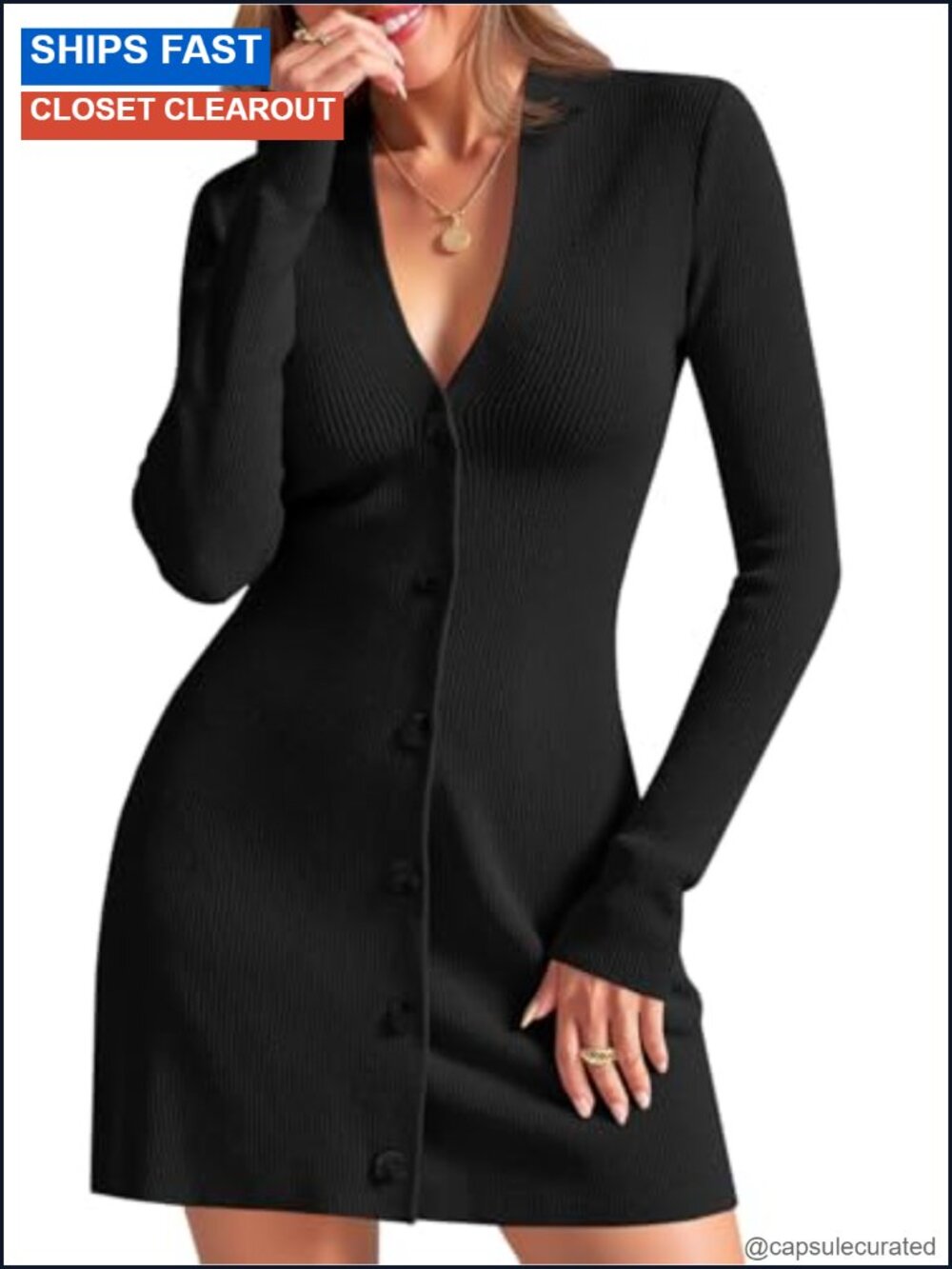 Womens Deep V Neck Sweater Dress Long Sleeve Knit Mini Ruffle Hem